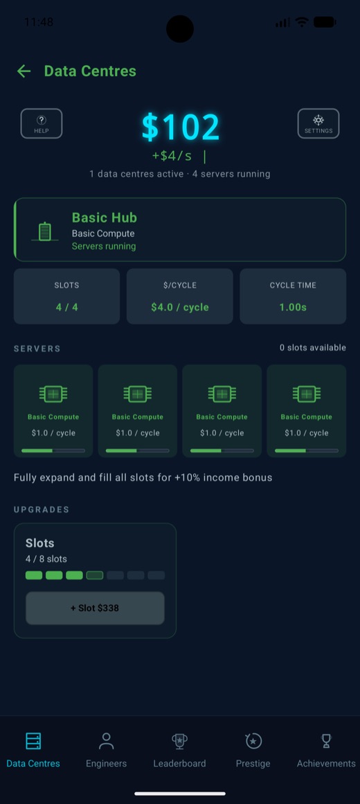 Building a first data center in Compute Rush, filling server slots in the Basic Hub
