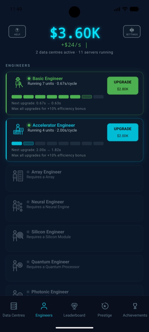 Hiring and upgrading engineers to speed up cycles in Compute Rush