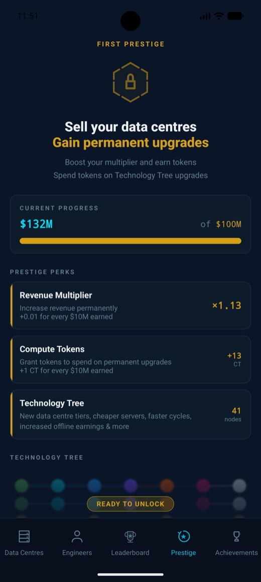 The prestige screen in Compute Rush showing a revenue multiplier and Compute Tokens